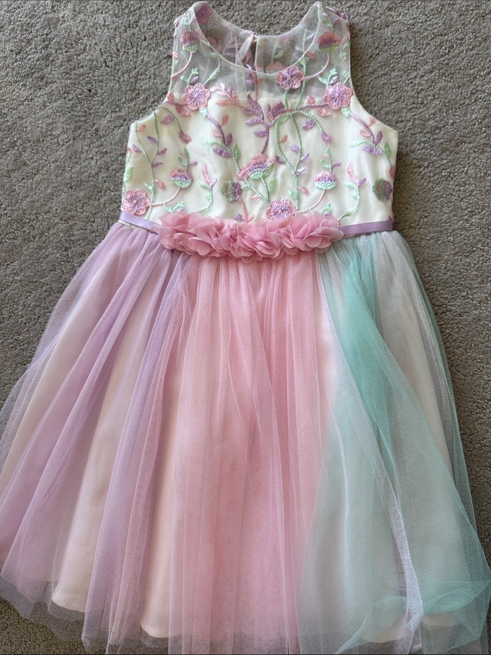 Size 7, Rare Editions, Girls Pastel Floral Tulle Dress - Pink & Mint